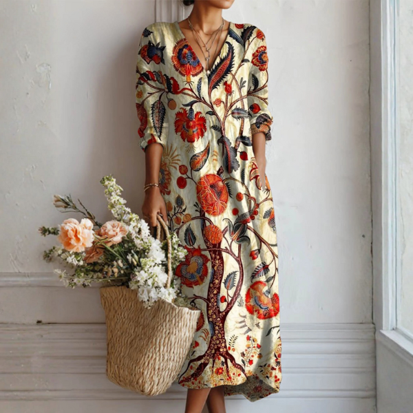 Maree - Cream Dress with Red Folk Flowers and Trees