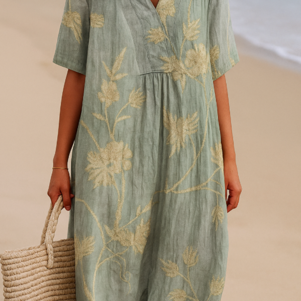 Mary - Blue-Grey Dress with Floral Embroidery