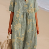 Mary - Blue-Grey Dress with Floral Embroidery
