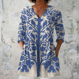 Hollie - Cream Blouse with Blue Leaf Print