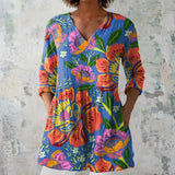 Wynne - Blue Blouse with Bold Tropical Flowers