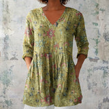 Taryn - Olive Blouse with Floral Vines
