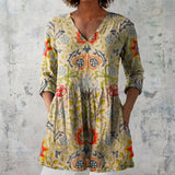 Shania - Olive Blouse with Floral Medallions