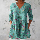 Alicia - Turquoise Blouse with Pink Florals