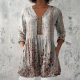 Sandi - Grey Blouse with Ditsy Florals and Contrast Panel