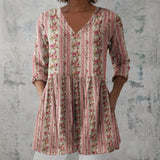 Yasmin - Pink Blouse with Striped Rose Print