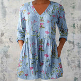 Leisha - Light Blue Blouse with Pink Floral Sprigs