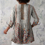 Sandi - Grey Blouse with Ditsy Florals and Contrast Panel