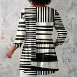 Bridget - Black and White Blouse with Striped Patchwork