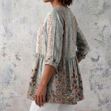 Sandi - Grey Blouse with Ditsy Florals and Contrast Panel