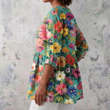 Penelope - Teal Blouse with Bold Garden Flowers