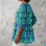 Rosalind - Blue and Green Blouse with Ornate Damask