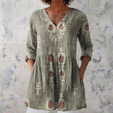 Cora - Olive Blouse with Folk Embroidery Print