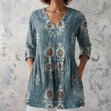 Cora - Olive Blouse with Folk Embroidery Print