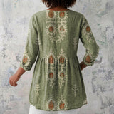 Cora - Olive Blouse with Folk Embroidery Print