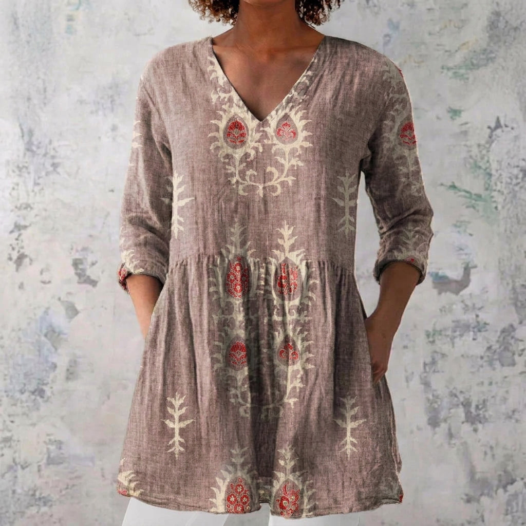 Cora - Olive Blouse with Folk Embroidery Print