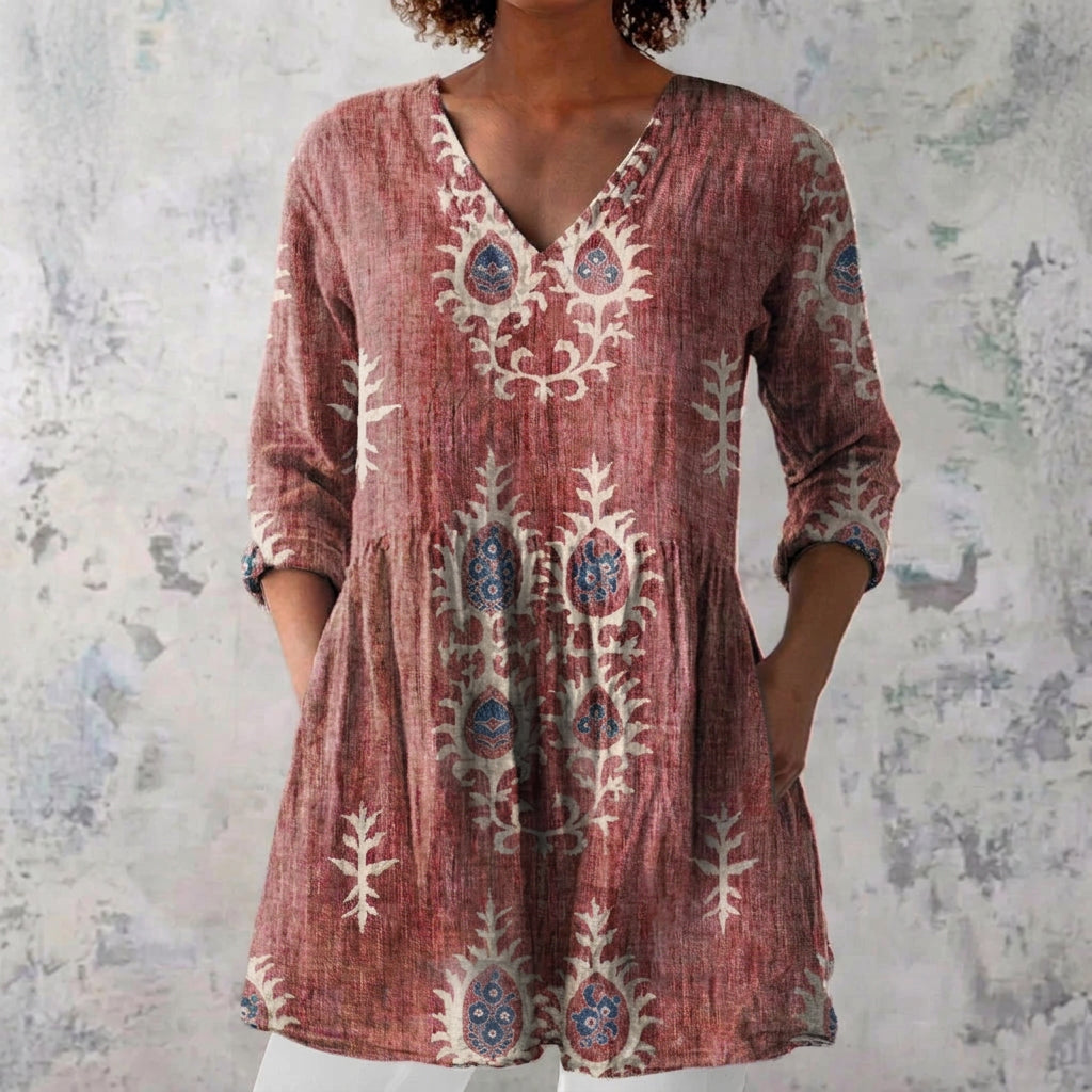 Cora - Olive Blouse with Folk Embroidery Print