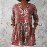 Cora - Olive Blouse with Folk Embroidery Print