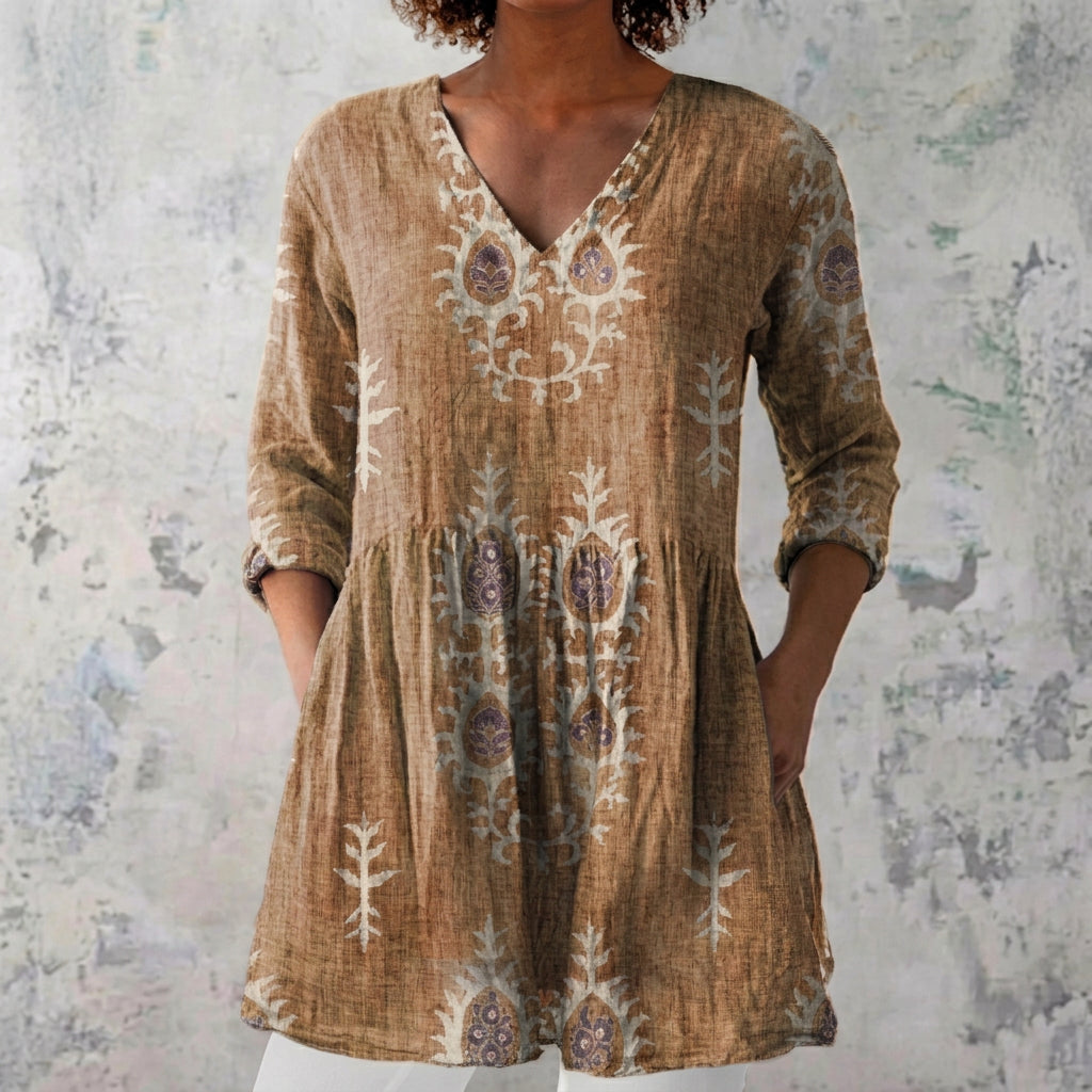 Cora - Olive Blouse with Folk Embroidery Print