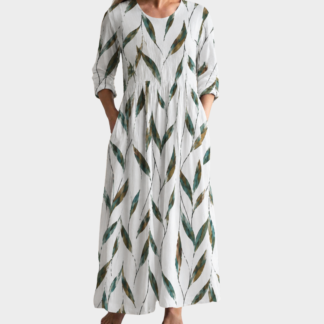 Tess white maxi dress with green leaf sprigs, view 2