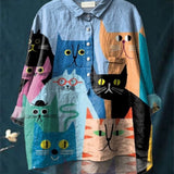Grace - Casual Women's Blouse with Artistic Cat Print