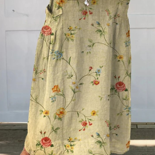 Women's Retro Elegant Floral Art Linen Elastic waistband Pocket Skirt