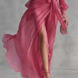 Abigail - Elegant Rose Pink Chiffon V-neck Tie-waist Long Dress