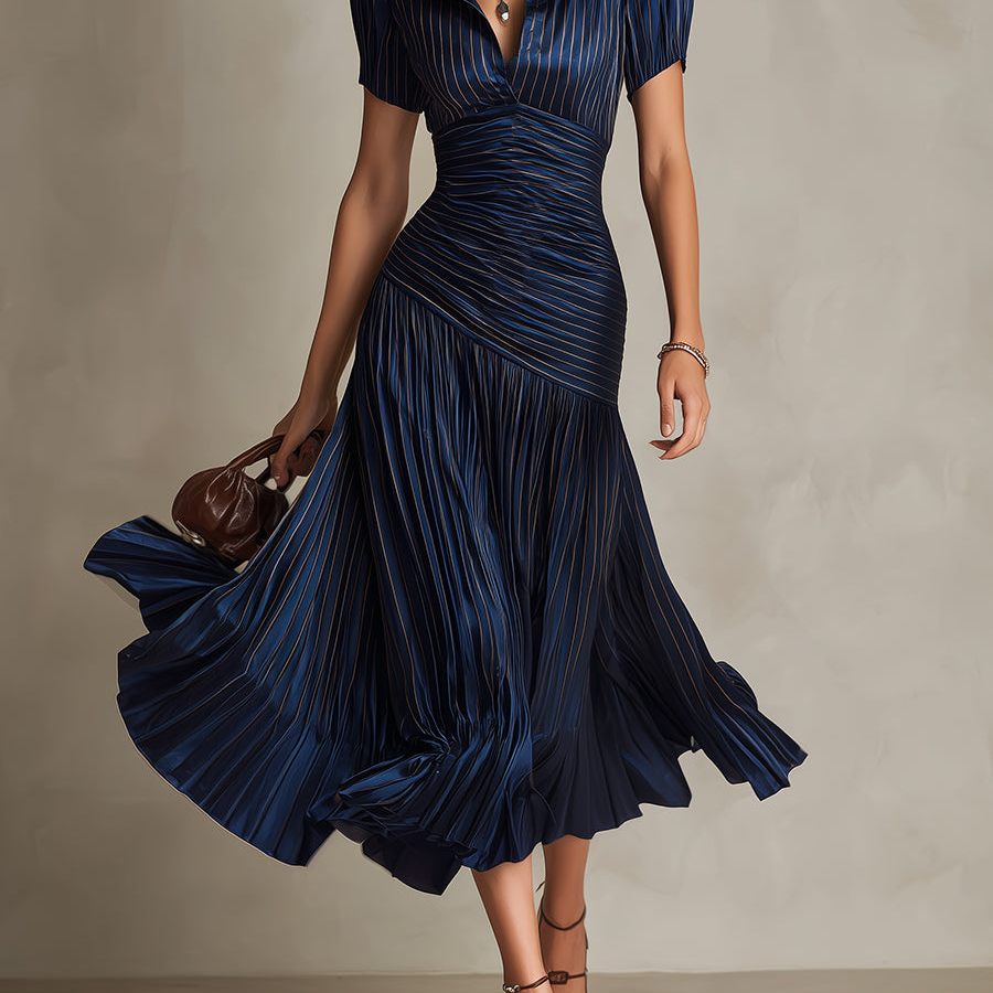 Donna - Striped Shirt Collar Midi Dress