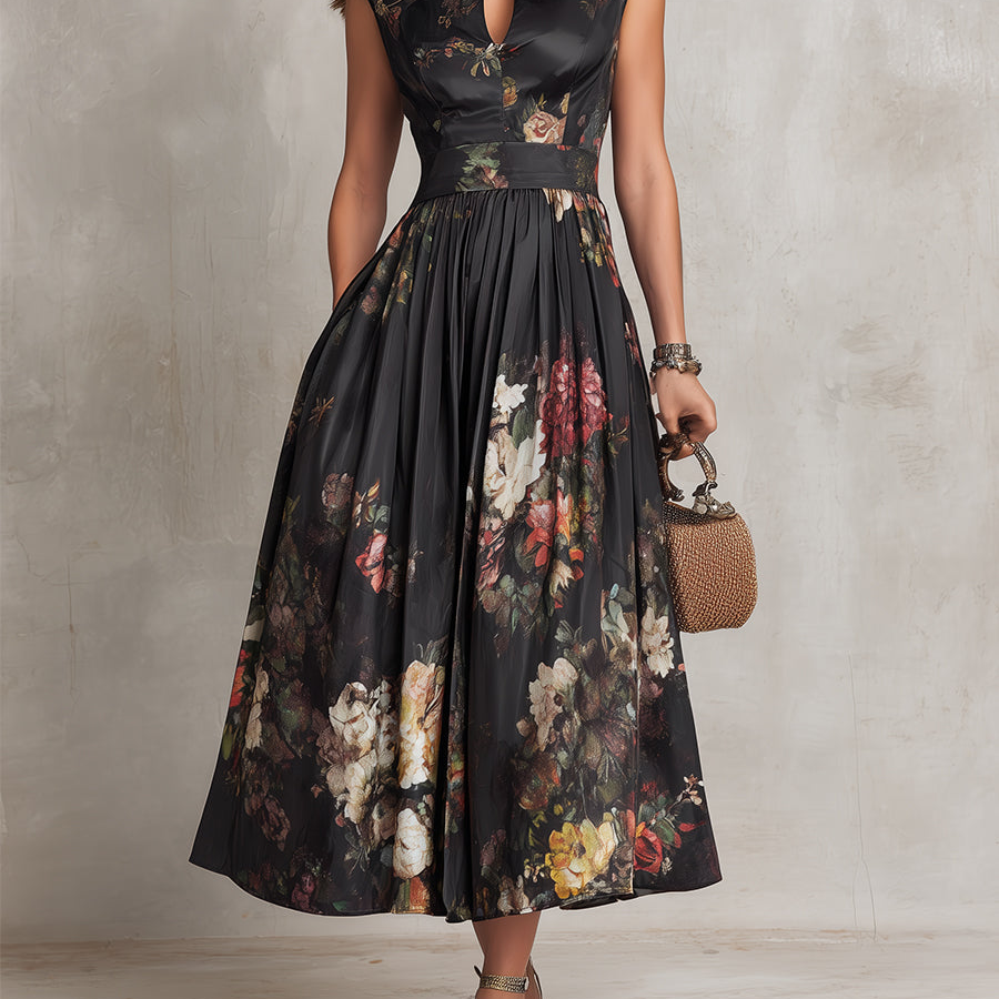 Sarah - Floral Keyhole Pleated Midi Dress