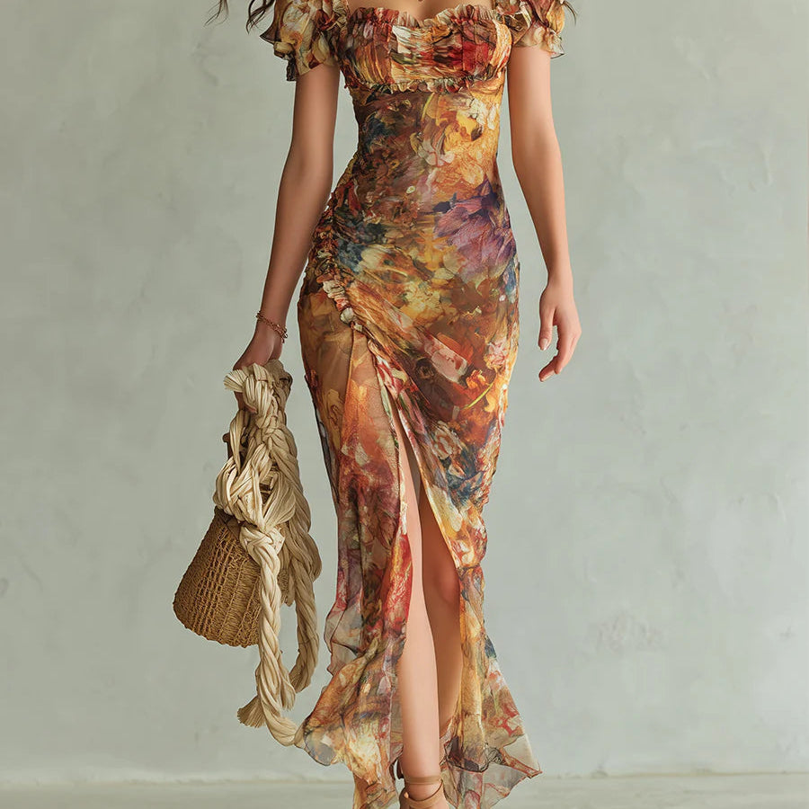 Viola - Long orange chiffon dress with bohemian-style oil painting print
