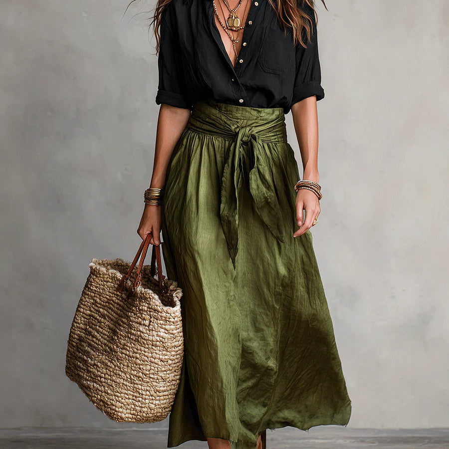 Vera - Two-Piece Set: Black T-Shirt and Olive Green Midi Skirt