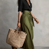 Vera - Two-Piece Set: Black T-Shirt and Olive Green Midi Skirt