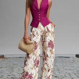 Harriet - Pink Gilet and Wide Floral Pants Set