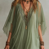 Mia - Floating Mini Dress in Green Chiffon with V-Neck