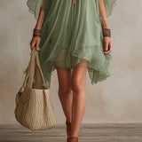 Mia - Floating Mini Dress in Green Chiffon with V-Neck