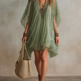 Mia - Floating Mini Dress in Green Chiffon with V-Neck