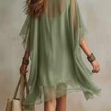 Mia - Floating Mini Dress in Green Chiffon with V-Neck