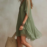Mia - Floating Mini Dress in Green Chiffon with V-Neck