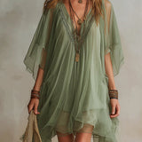 Mia - Floating Mini Dress in Green Chiffon with V-Neck