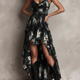 Lucy - Black Floral Print Strapless Maxi Dress