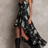 Lucy - Black Floral Print Strapless Maxi Dress