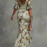 Annabel - Green Satin Asymmetrical Maxi Dress