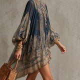Sienna - Navy Blue Baroque Print Chiffon Mini Dress