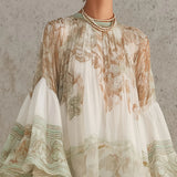 Georgia - Green Mini Chiffon Dress with Stripes and Ruffled Sleeves