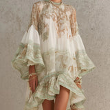 Georgia - Green Mini Chiffon Dress with Stripes and Ruffled Sleeves