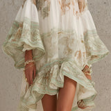 Georgia - Green Mini Chiffon Dress with Stripes and Ruffled Sleeves