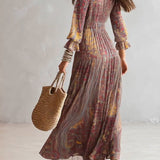 Aria - Paisley Print V-neck Gathered Chiffon Maxi Dress