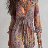 Aria - Paisley Print V-neck Gathered Chiffon Maxi Dress