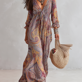 Aria - Paisley Print V-neck Gathered Chiffon Maxi Dress
