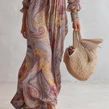 Aria - Paisley Print V-neck Gathered Chiffon Maxi Dress
